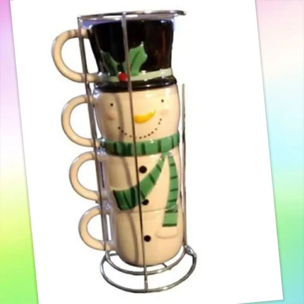 NWOT 4 Stacking Snowman Mugs with Wire Rack Decorative Christmas Holiday Winter